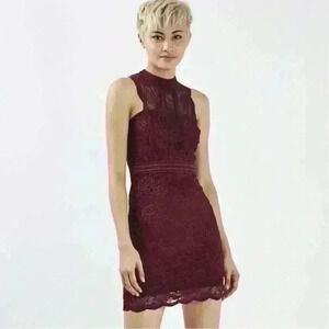 TOPSHOP Petite Scallop Lace Bodycon Dress Pink Nylon blend High neckline size 2